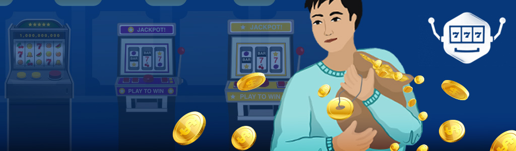Spielautomat, Dieb hält einen Geldsack fest und hat eine Münze mit einem Loch und Faden